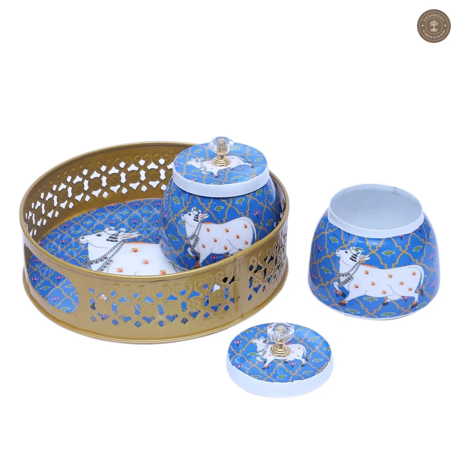 Blue & White Cow Round Basket With Jar Set of 3