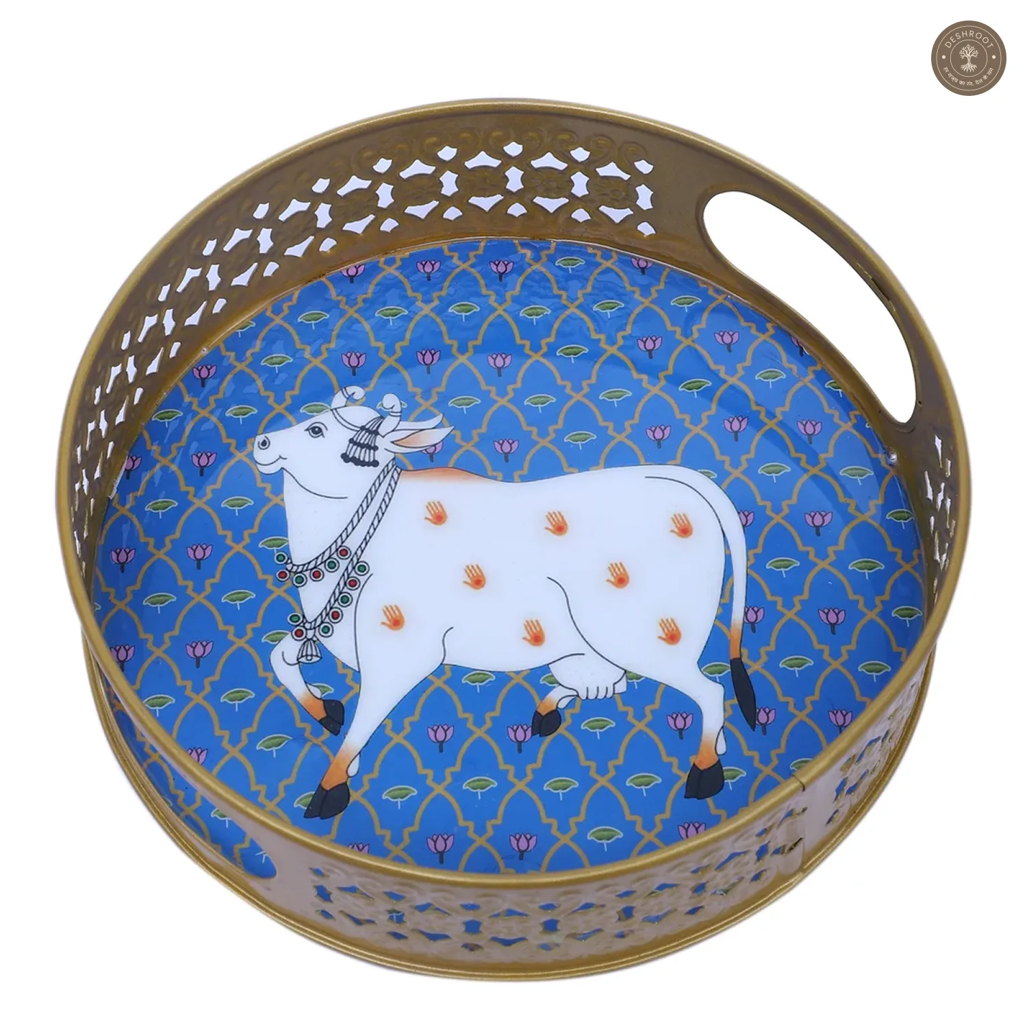 Blue & White Cow Round Basket With Jar Set of 3