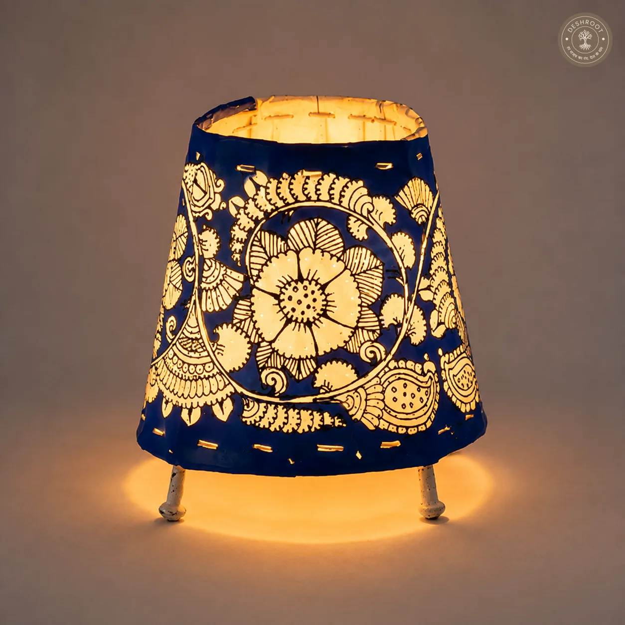 Handcrafted Blue Goat Leather Floral Table Lamp