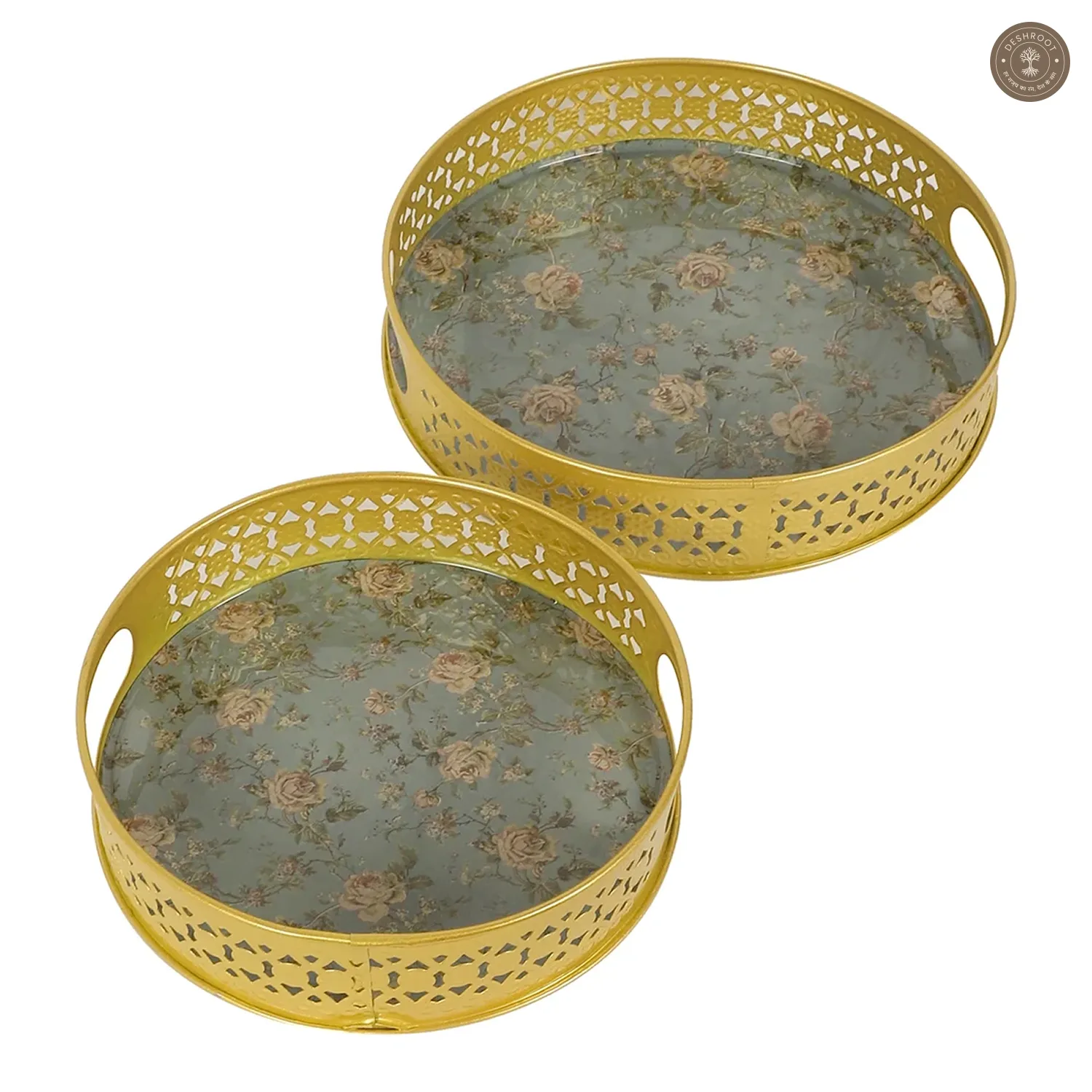 Green Pink FLower Tray Set of 2