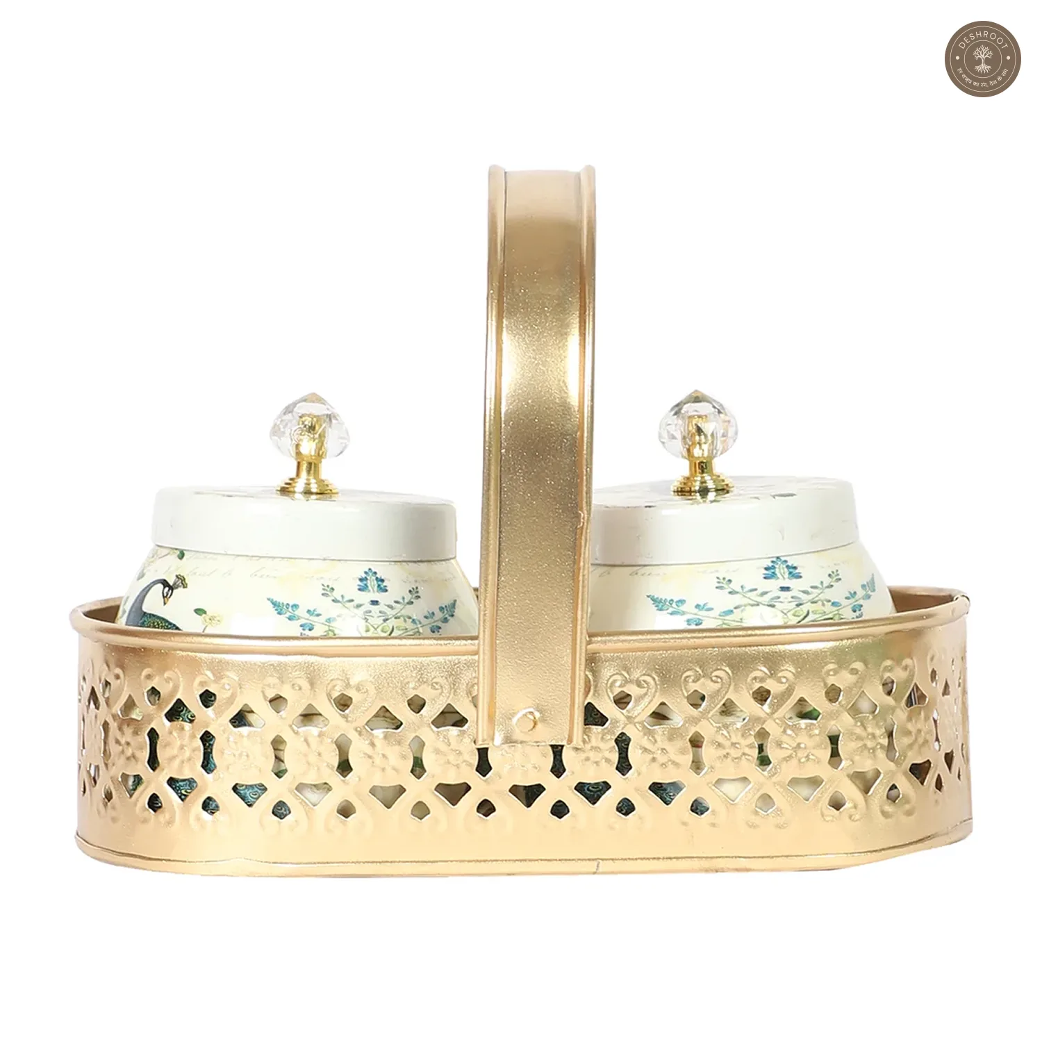 Peacock Print Jars WIth basket Set of 2