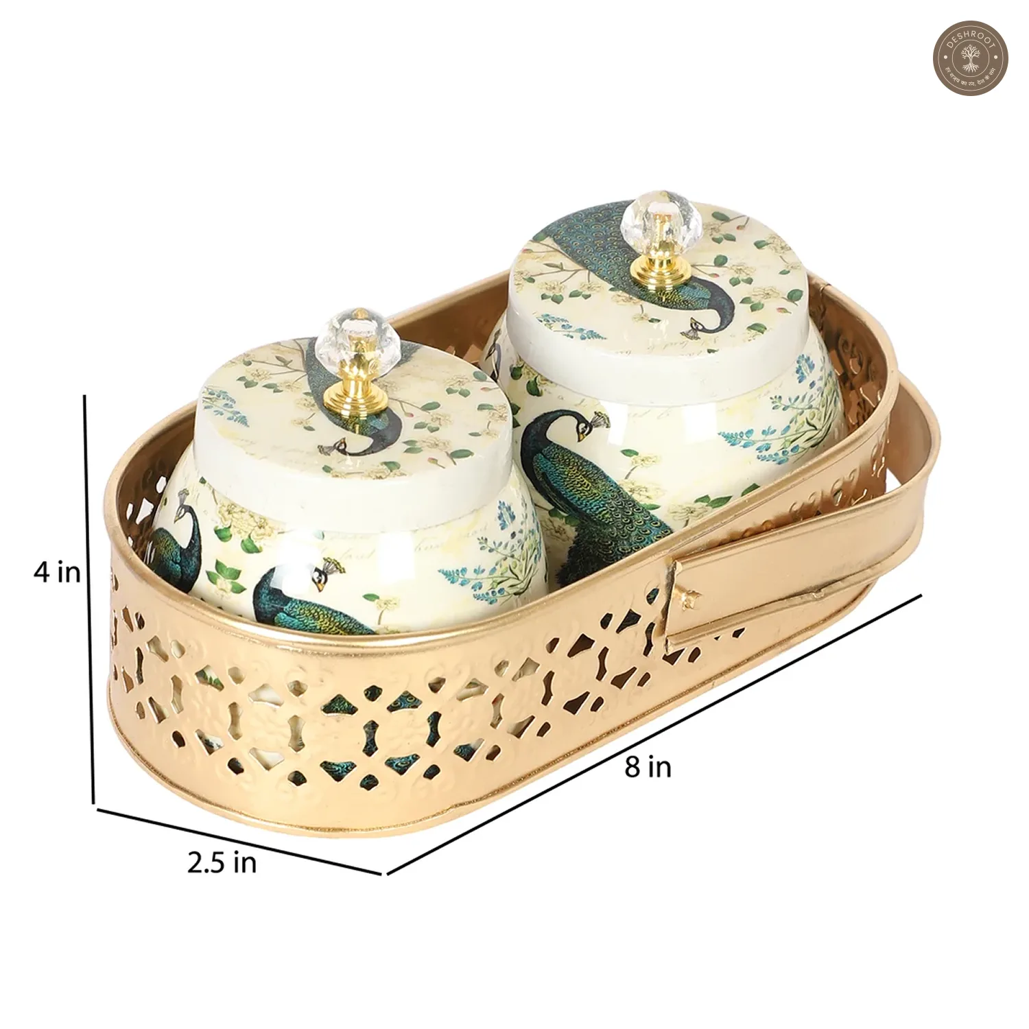 Peacock Print Jars WIth basket Set of 2