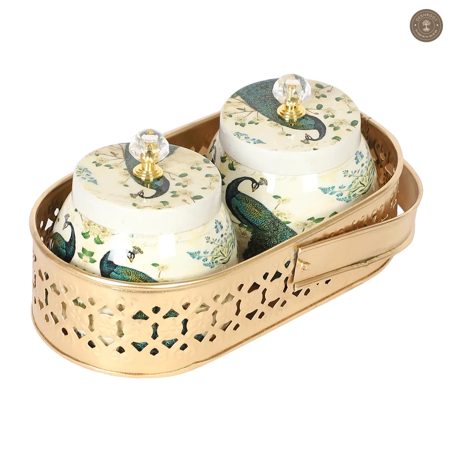 Peacock Print Jars WIth basket Set of 2