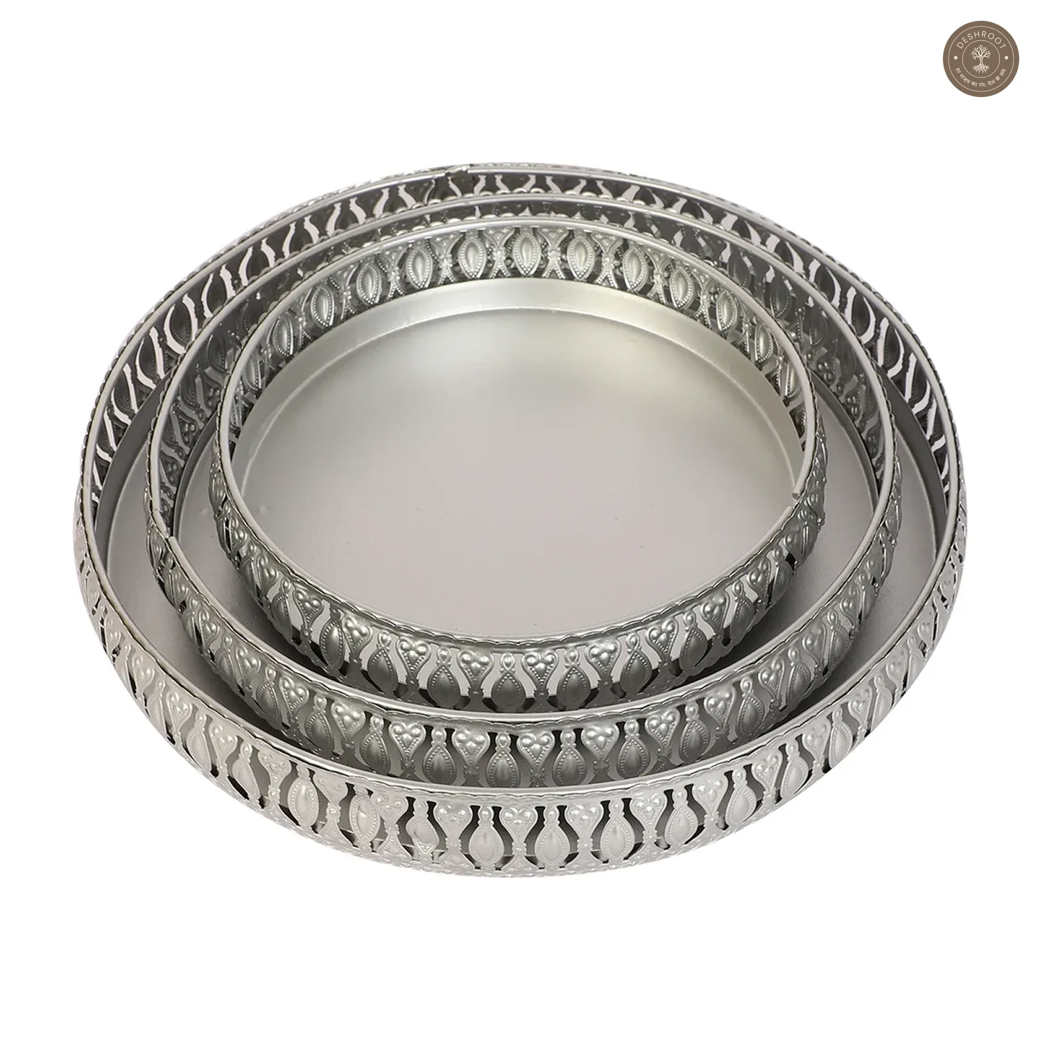 Round Etching Silver Basket Set of 3