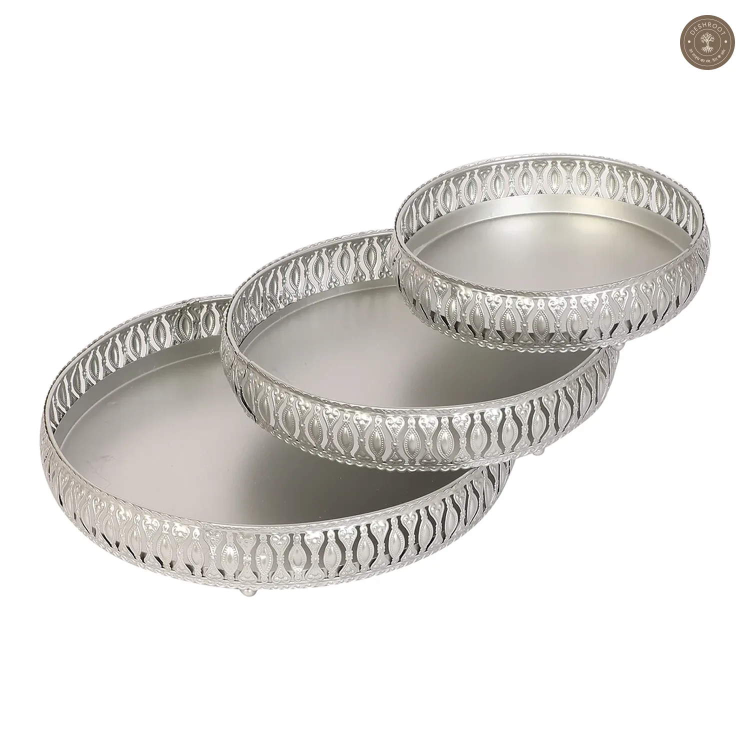 Round Etching Silver Basket Set of 3