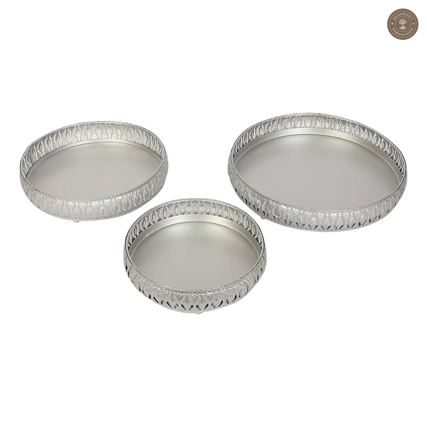 Round Etching Silver Basket Set of 3