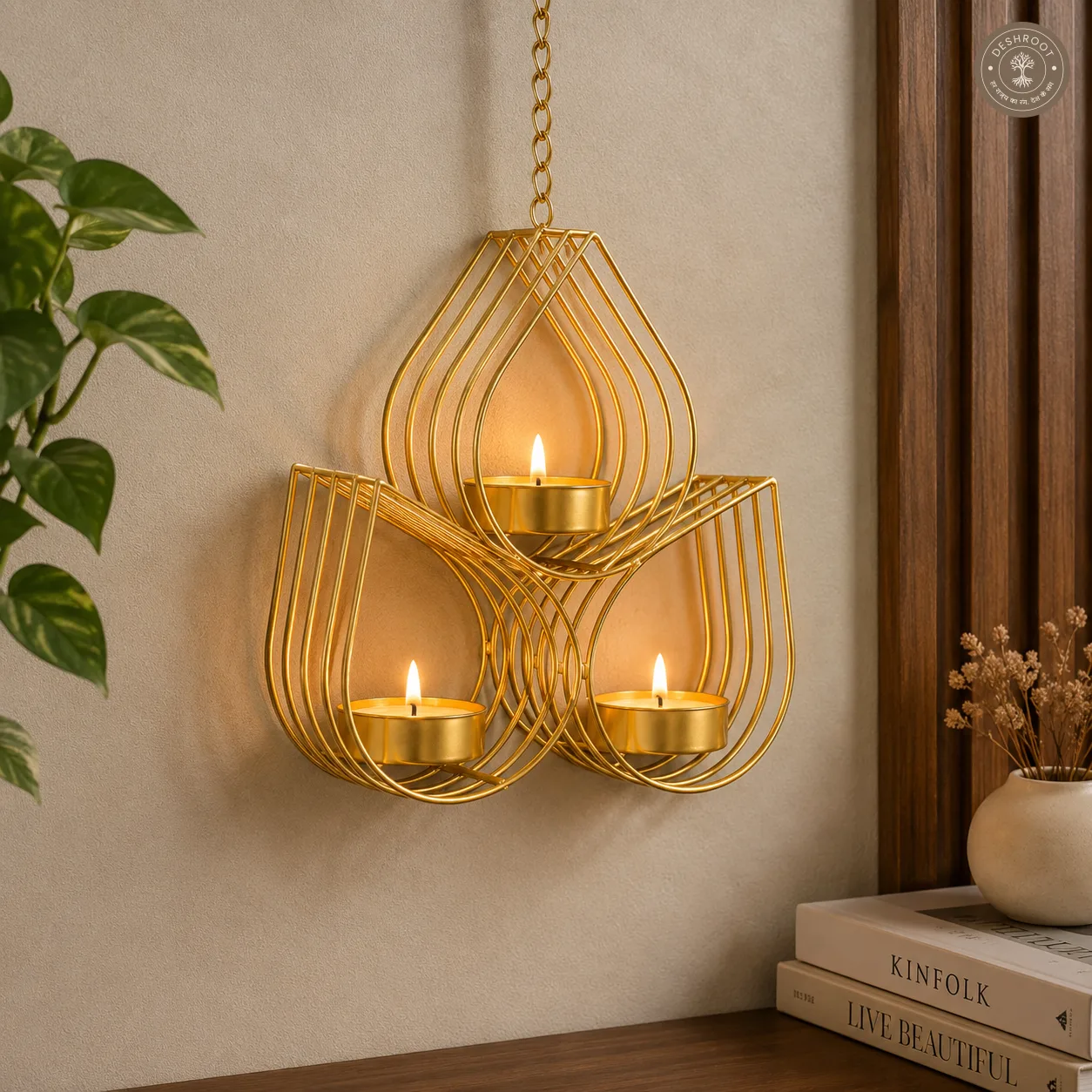 Decorative Hanging Iron 3-Diya Tealight Candle Holder with Chain