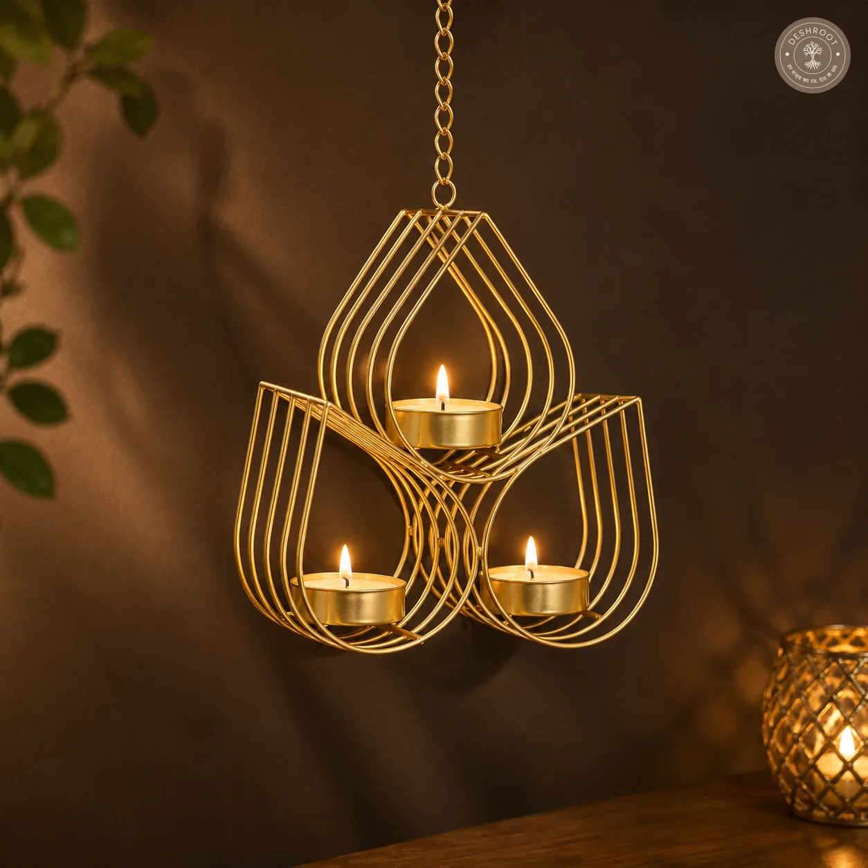 Decorative Hanging Iron 3-Diya Tealight Candle Holder with Chain