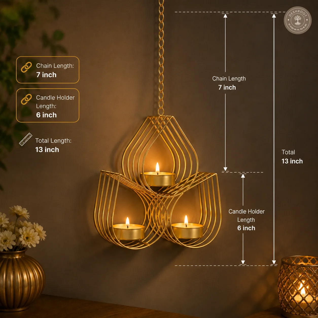 Decorative Hanging Iron 3-Diya Tealight Candle Holder with Chain