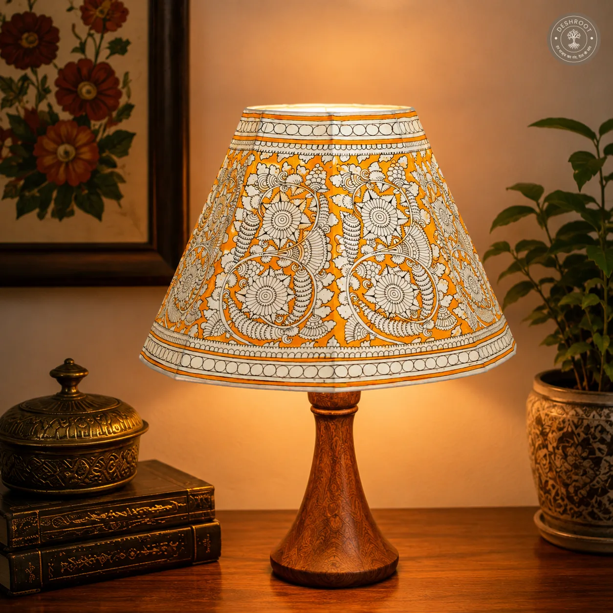 Handcrafted Yellow Floral Leather Table Lamp
