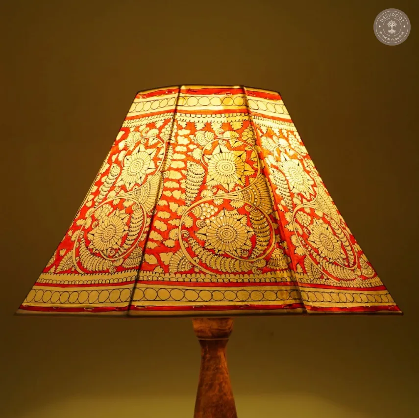 Handcrafted Andhra Pradesh Goat Leather Red Floral Table Lamp