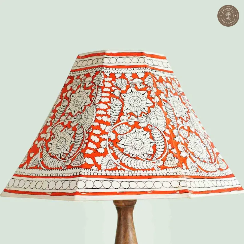 Handcrafted Andhra Pradesh Goat Leather Red Floral Table Lamp