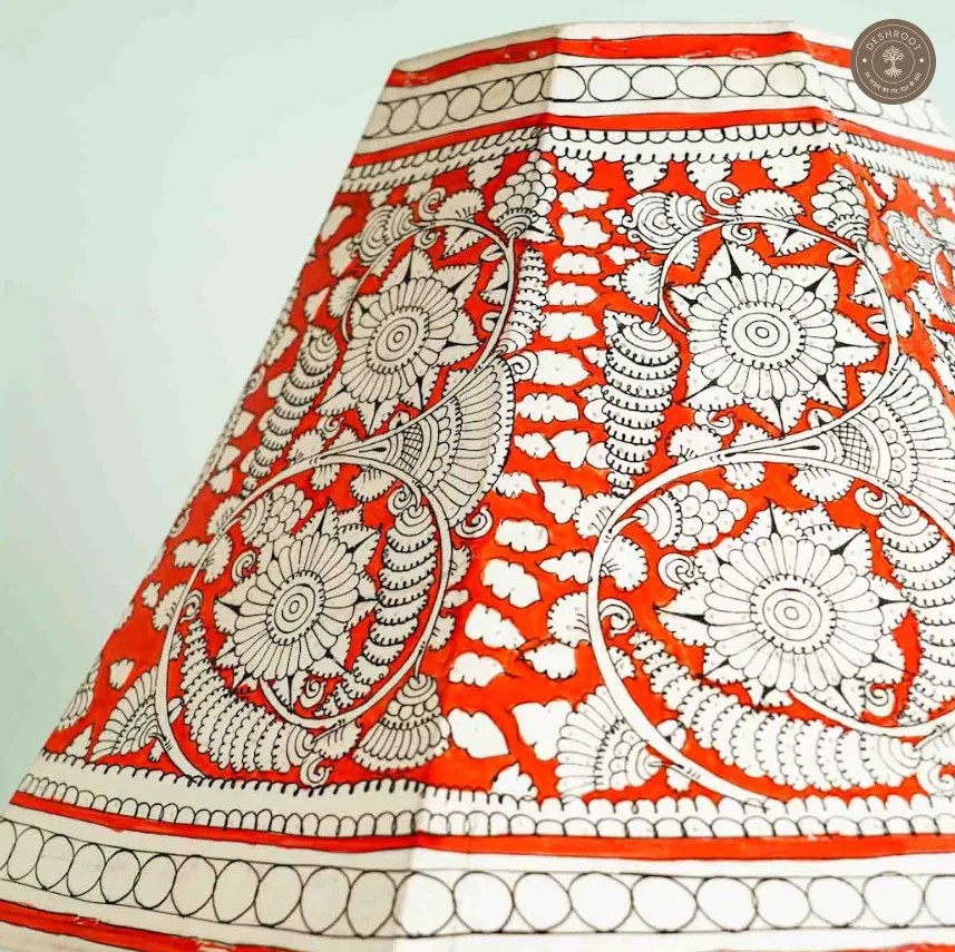 Handcrafted Andhra Pradesh Goat Leather Red Floral Table Lamp