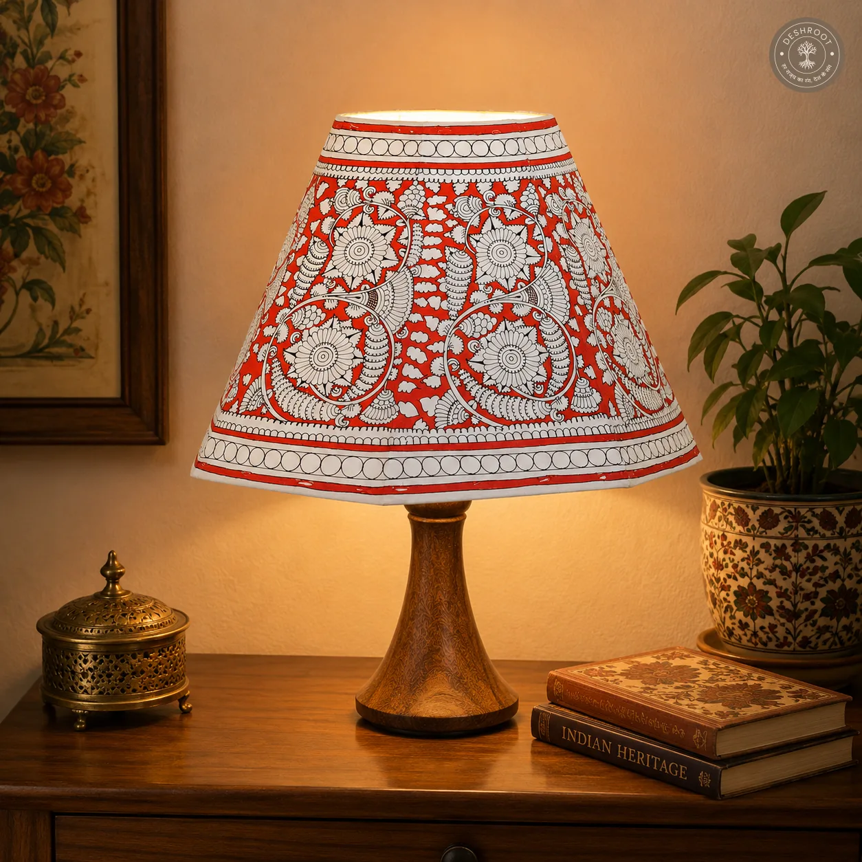 Handcrafted Andhra Pradesh Goat Leather Red Floral Table Lamp