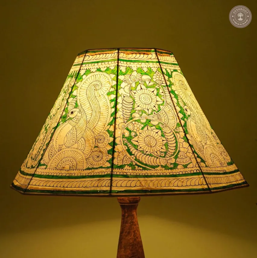 Handcrafted Andhra Pradesh Goat Leather Green Peacock Floral Table Lamp