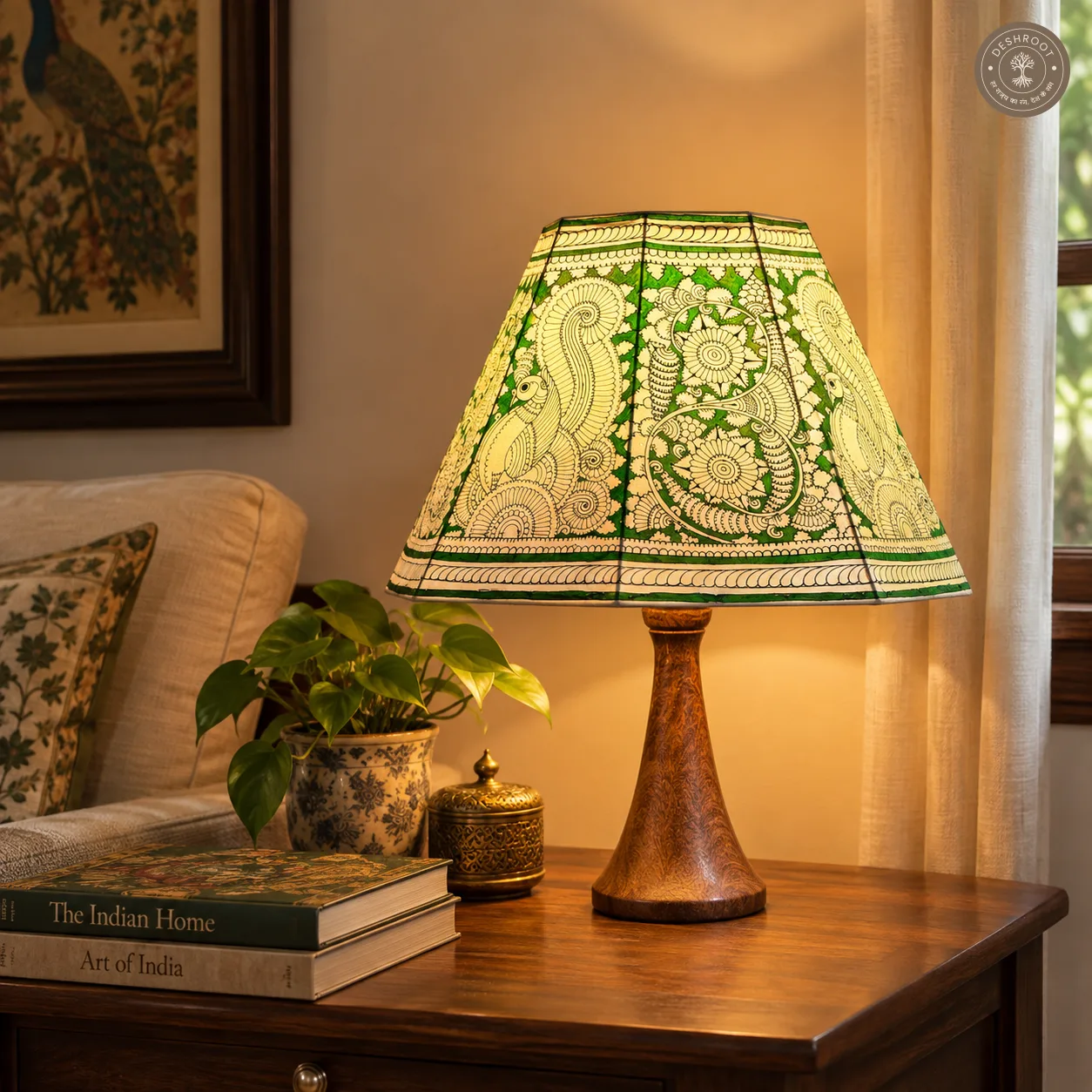 Handcrafted Andhra Pradesh Goat Leather Green Peacock Floral Table Lamp