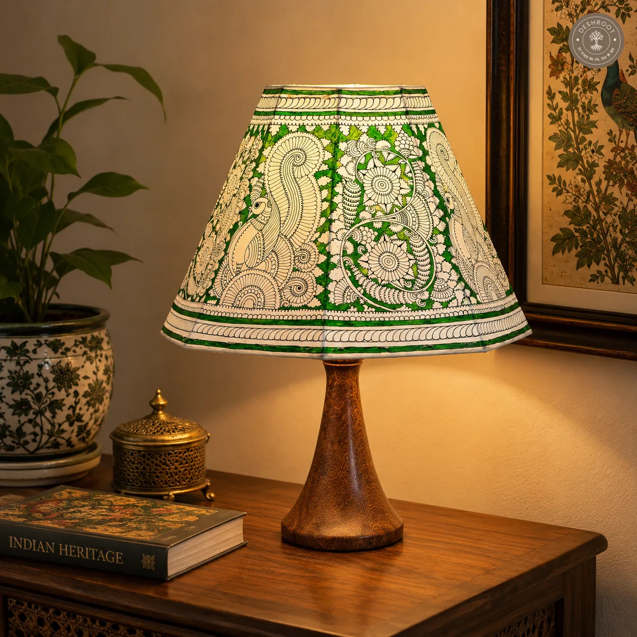 Handcrafted Andhra Pradesh Goat Leather Green Peacock Floral Table Lamp