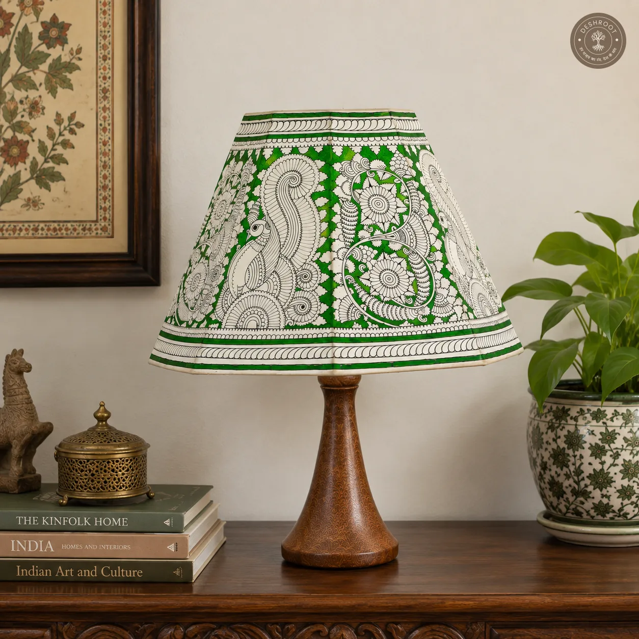 Handcrafted Andhra Pradesh Goat Leather Green Peacock Floral Table Lamp