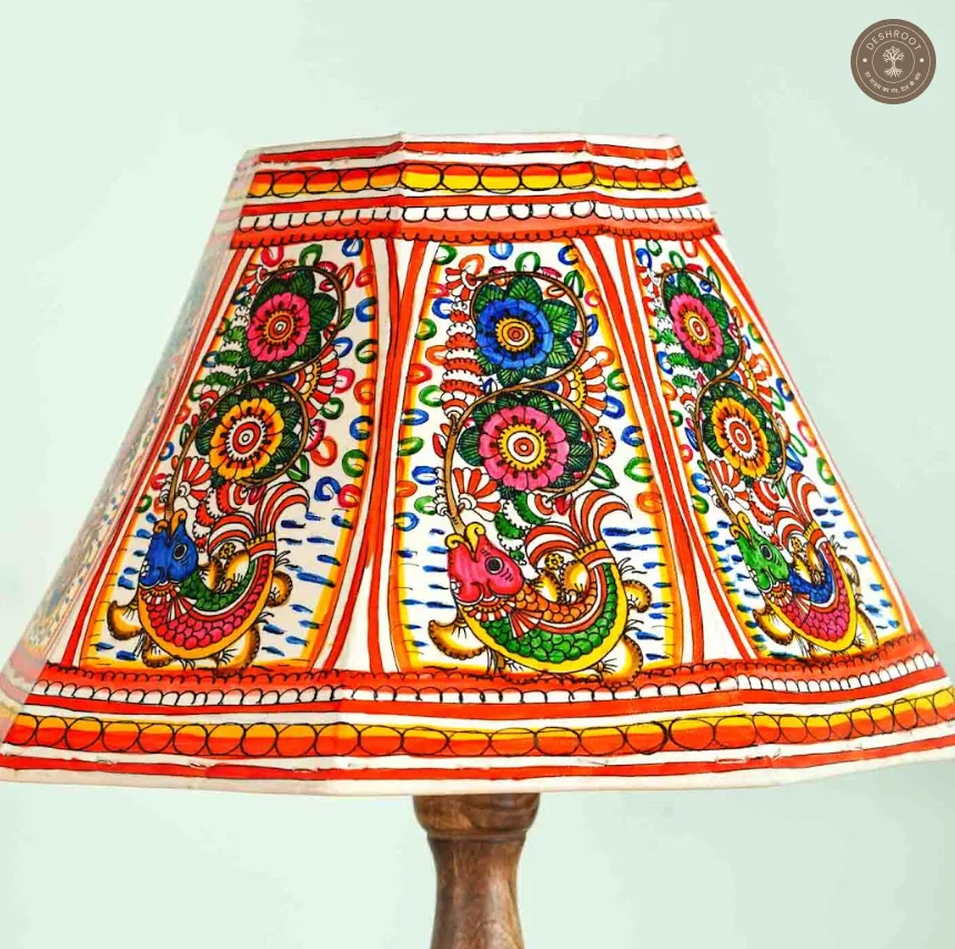 Hand-Painted Fish Motif Goat Leather Lampshade