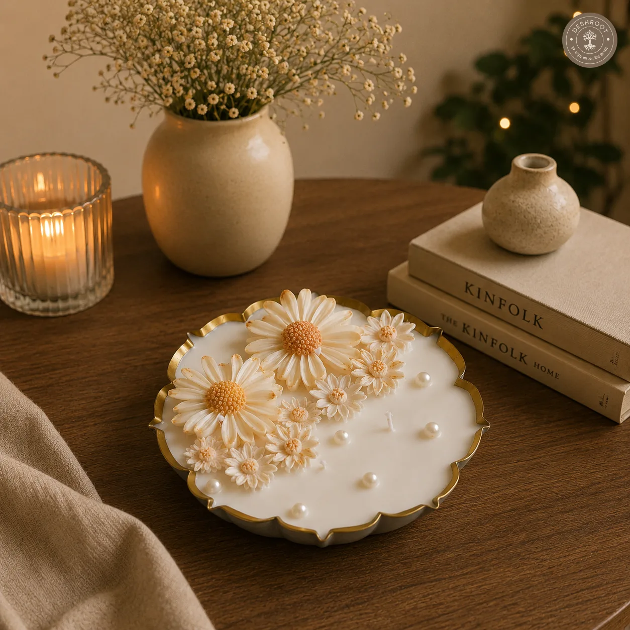 White Floral Urli Candle