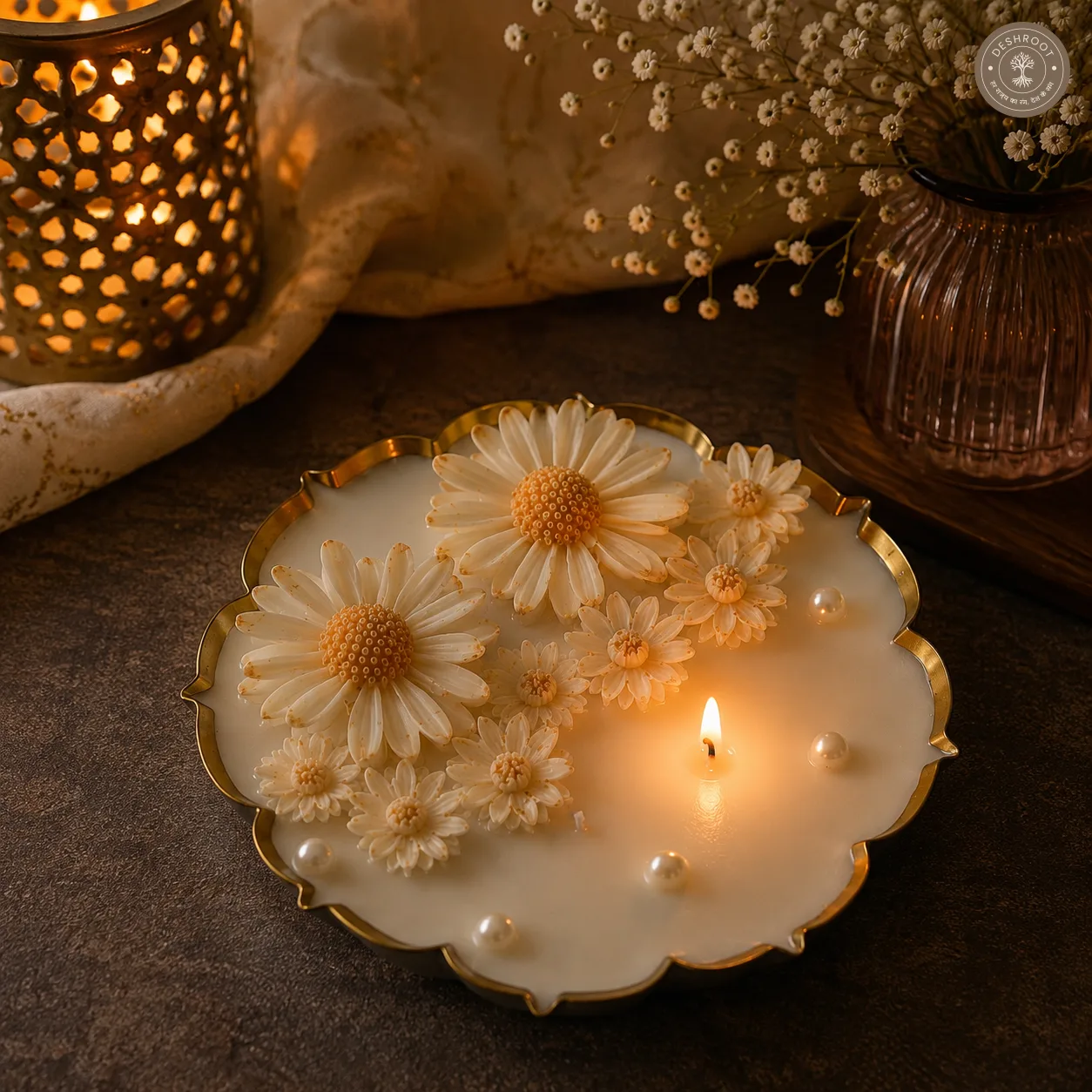 White Floral Urli Candle