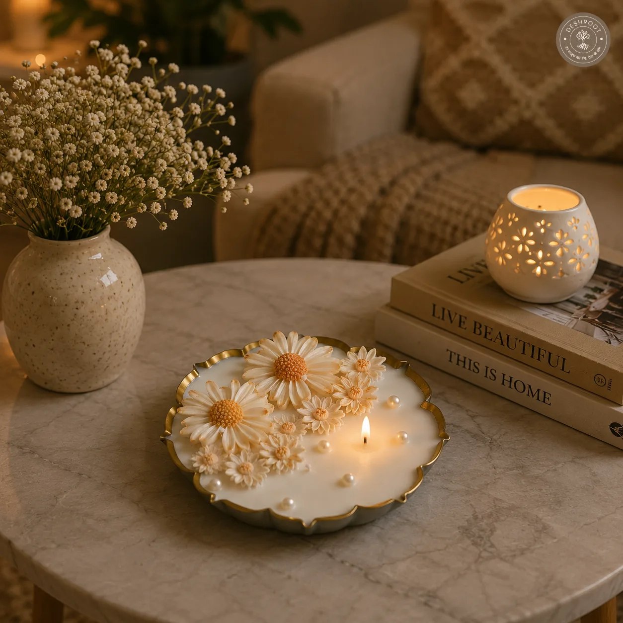 White Floral Urli Candle