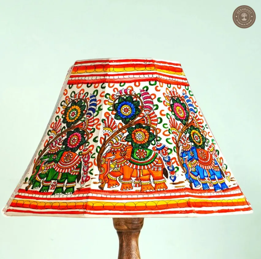 Handcrafted Andhra Pradesh Goat Leather Table Lamp Shade with Traditional Elephant Motif