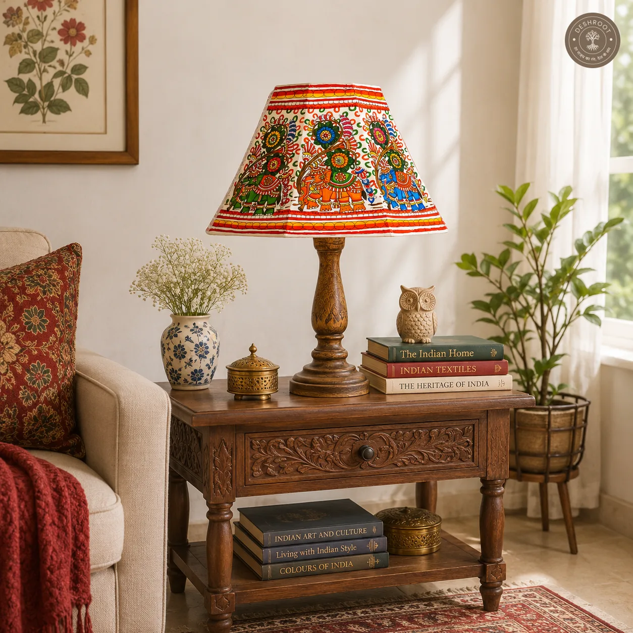 Handcrafted Andhra Pradesh Goat Leather Table Lamp Shade with Traditional Elephant Motif