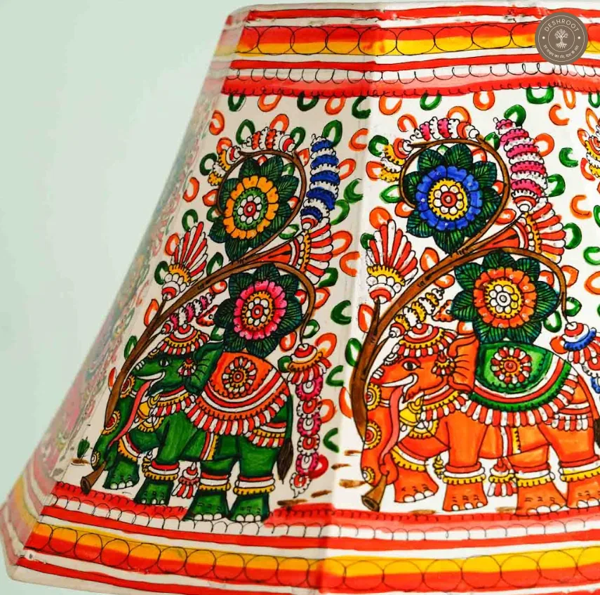 Handcrafted Andhra Pradesh Goat Leather Table Lamp Shade with Traditional Elephant Motif