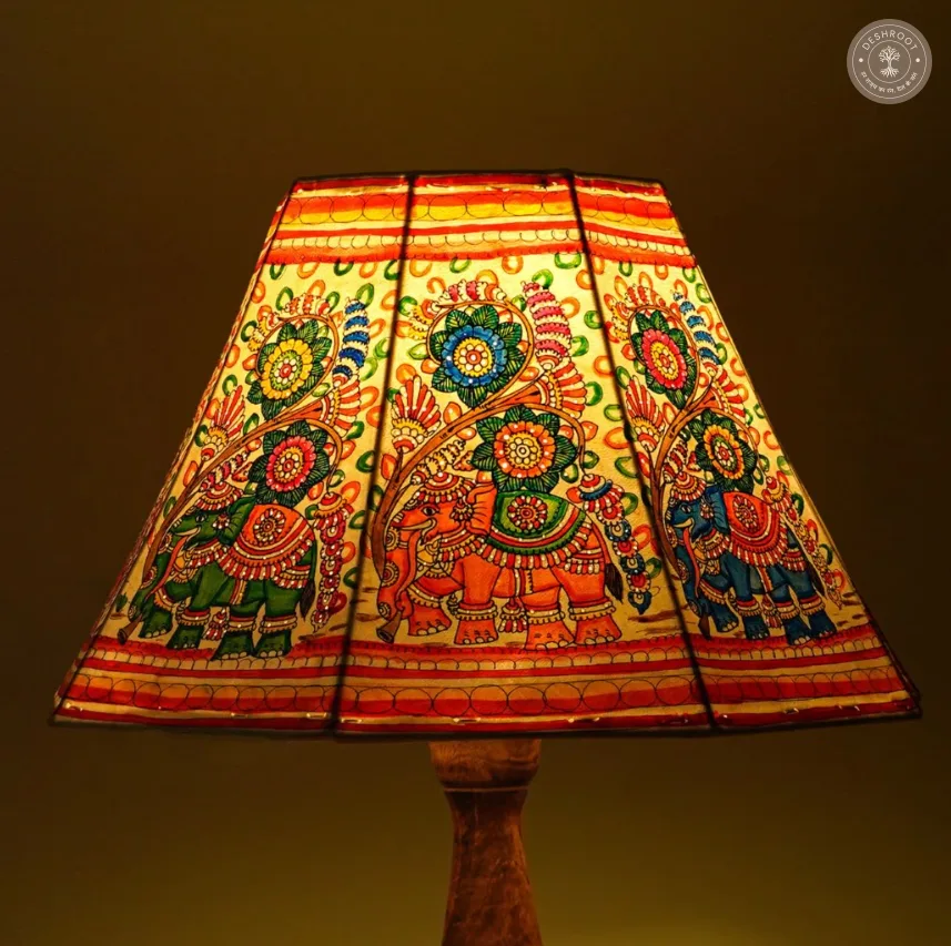 Handcrafted Andhra Pradesh Goat Leather Table Lamp Shade with Traditional Elephant Motif