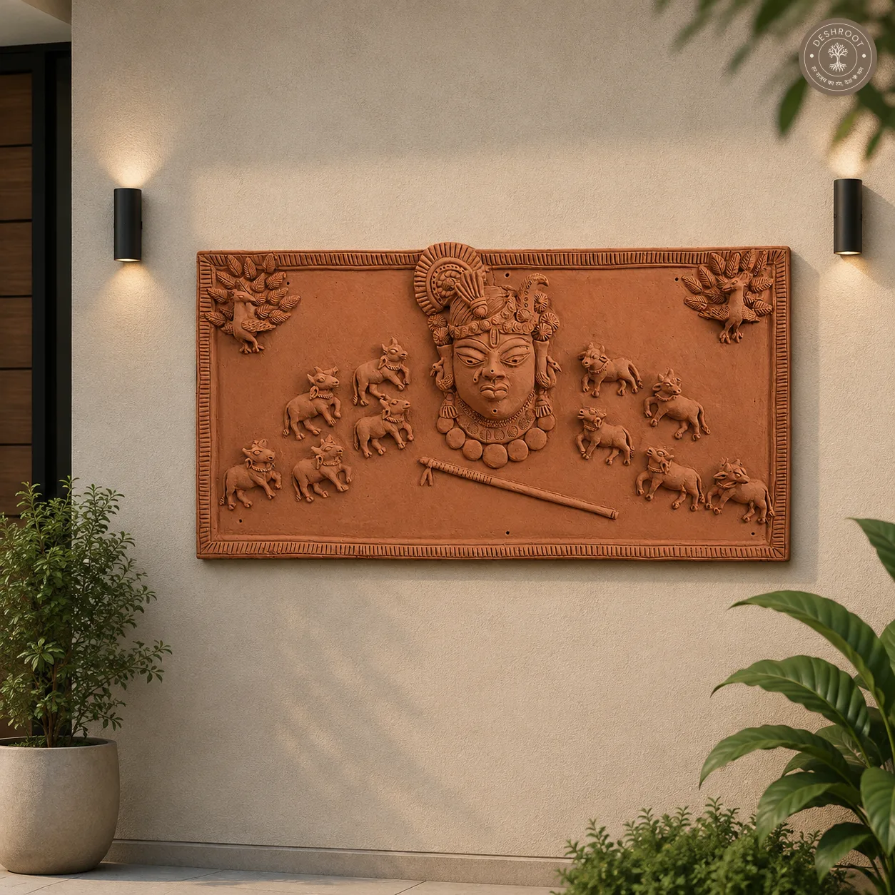 Handcrafted Terracotta Krishna & Cow Wall Relief Panel