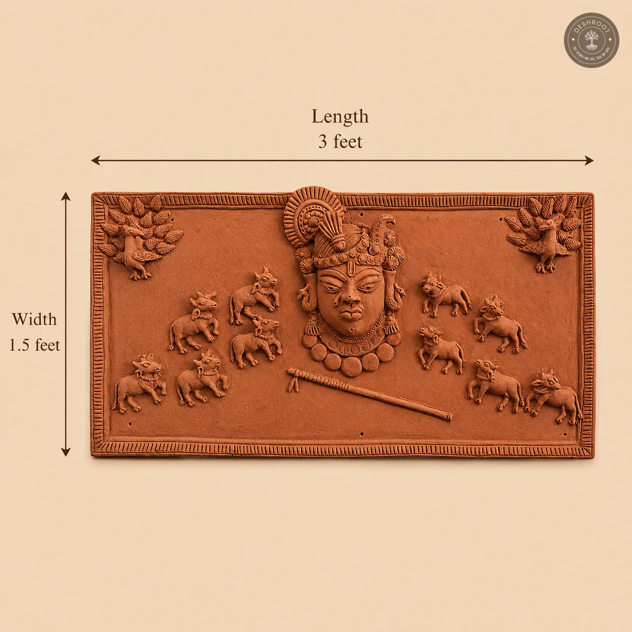Handcrafted Terracotta Krishna & Cow Wall Relief Panel