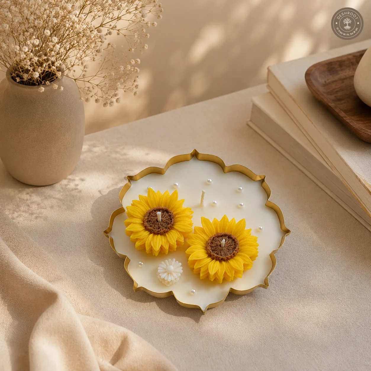 Double Sunflower Floral Urli Candle