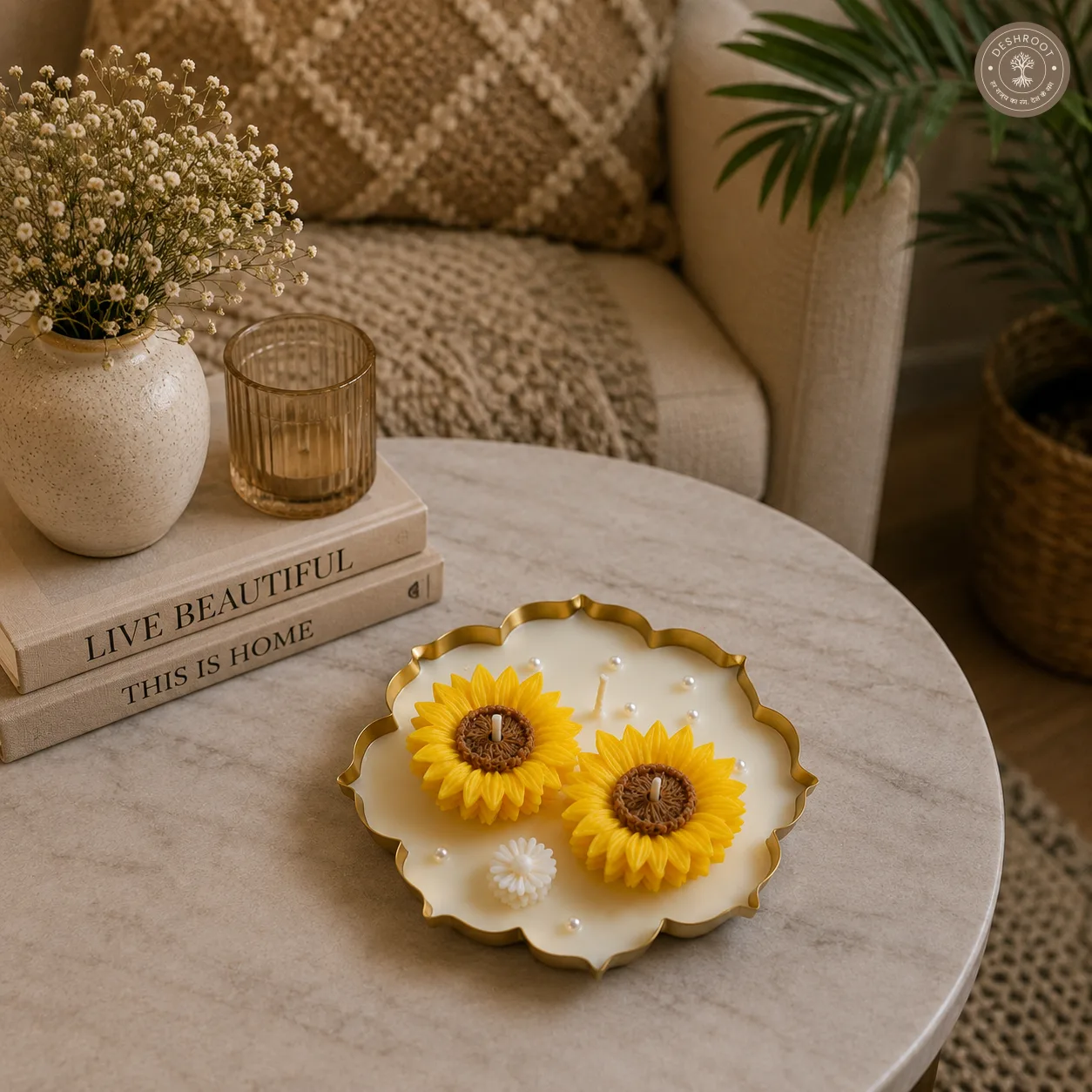 Double Sunflower Floral Urli Candle