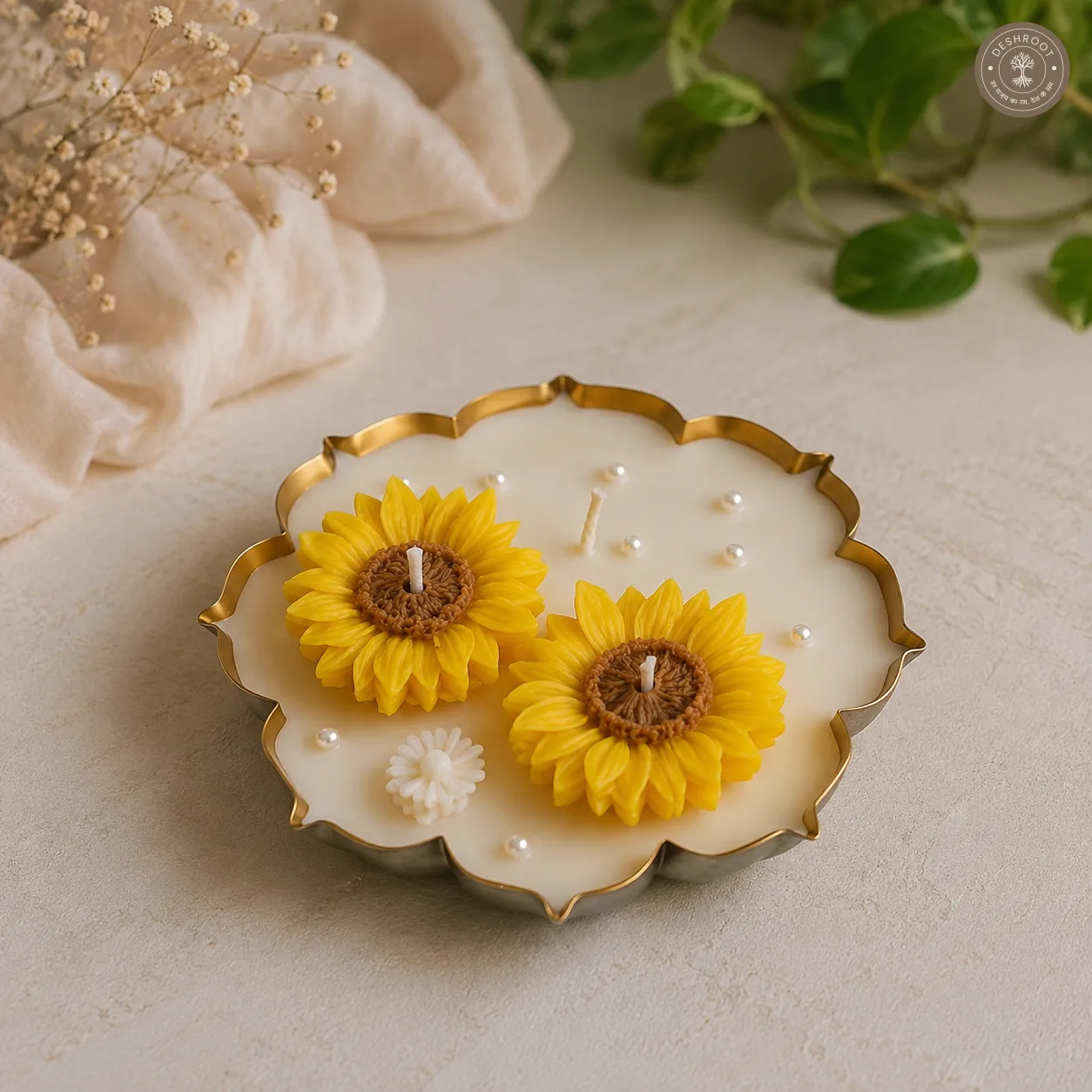 Double Sunflower Floral Urli Candle