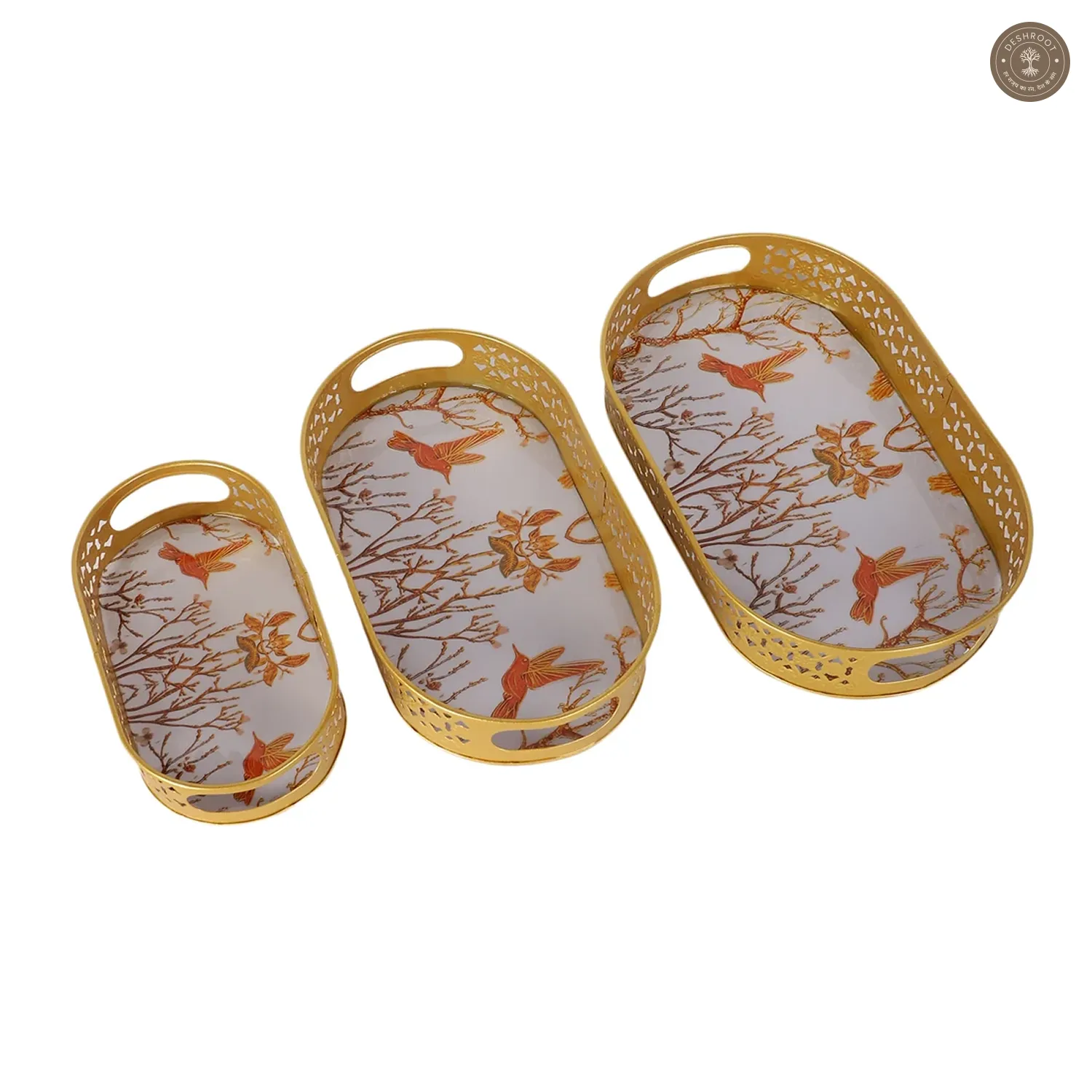 Oval Gold Tree & Bird Meena Tray Set of 3