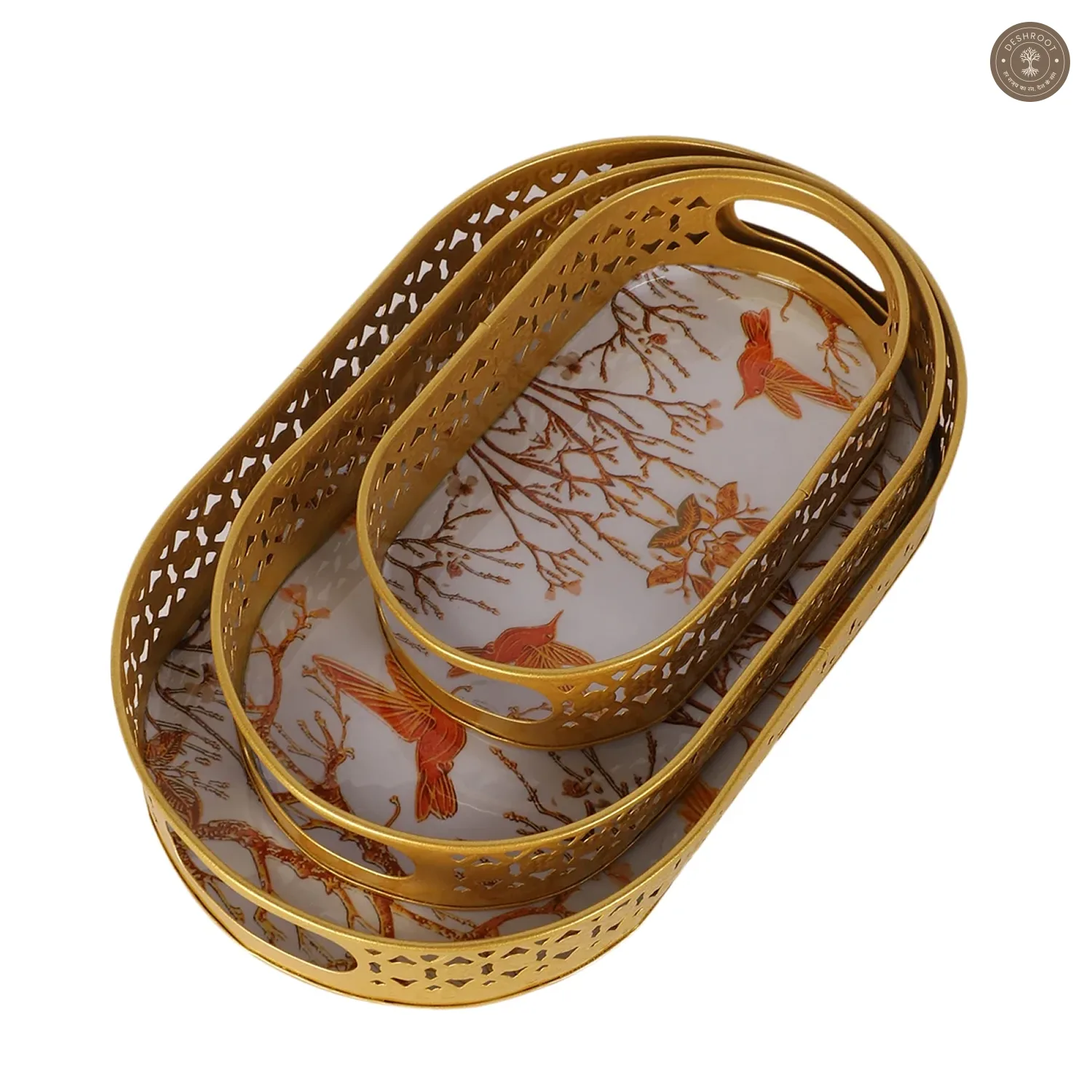 Oval Gold Tree & Bird Meena Tray Set of 3