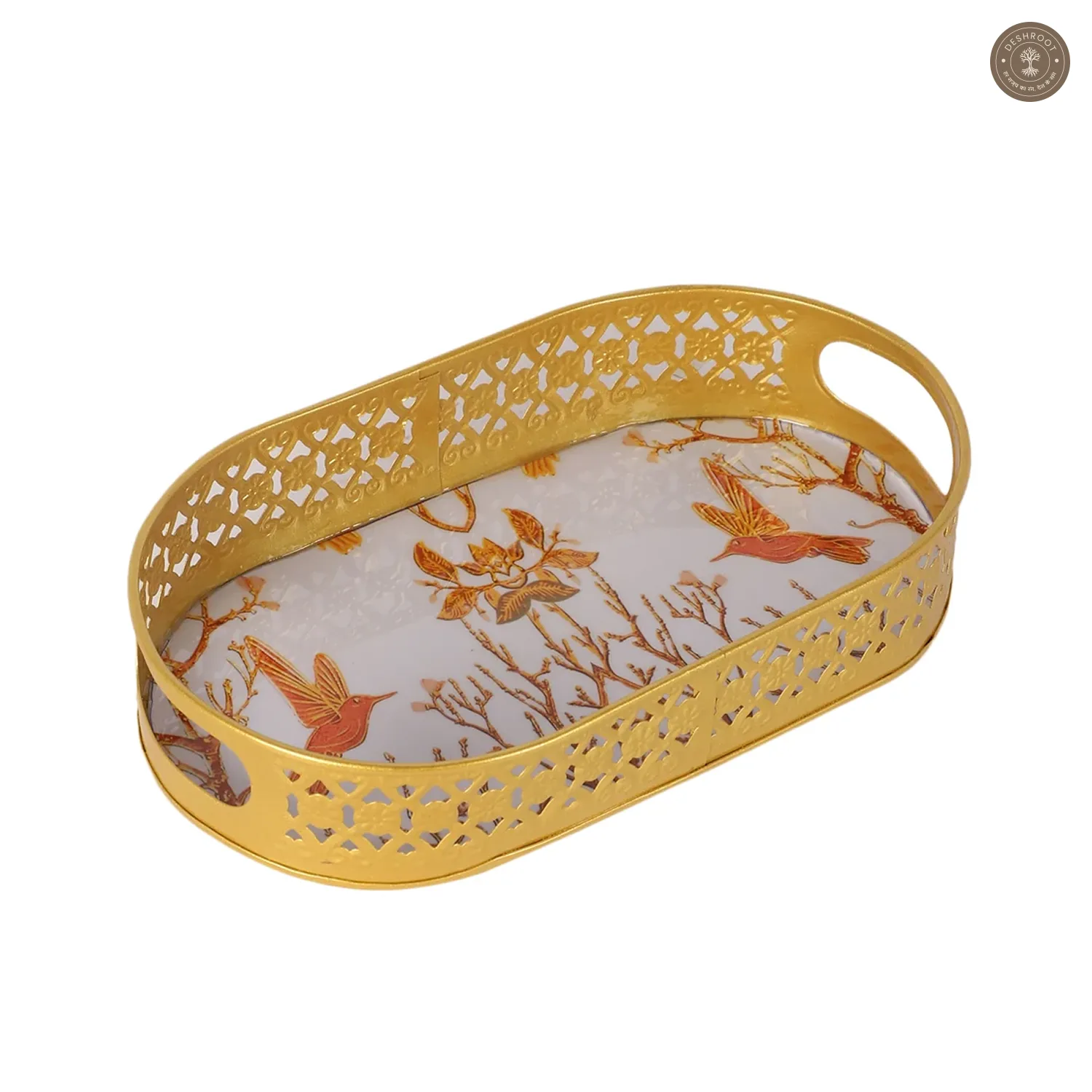 Oval Gold Tree & Bird Meena Tray Set of 3