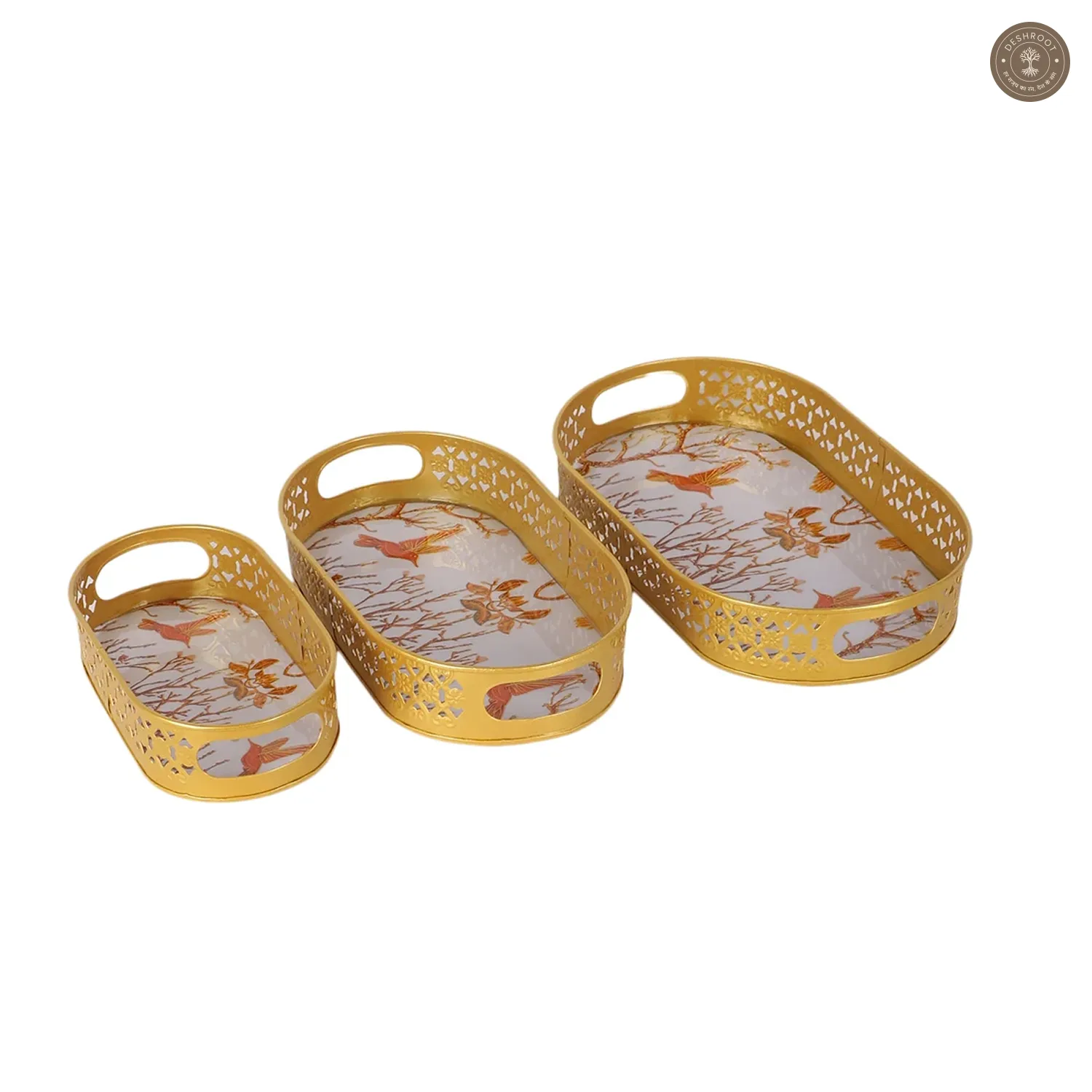 Oval Gold Tree & Bird Meena Tray Set of 3