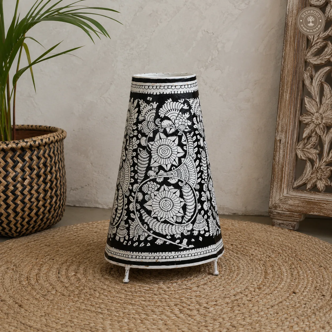 Midnight Floral Kalamkari Goat Leather Table Lamp Shade