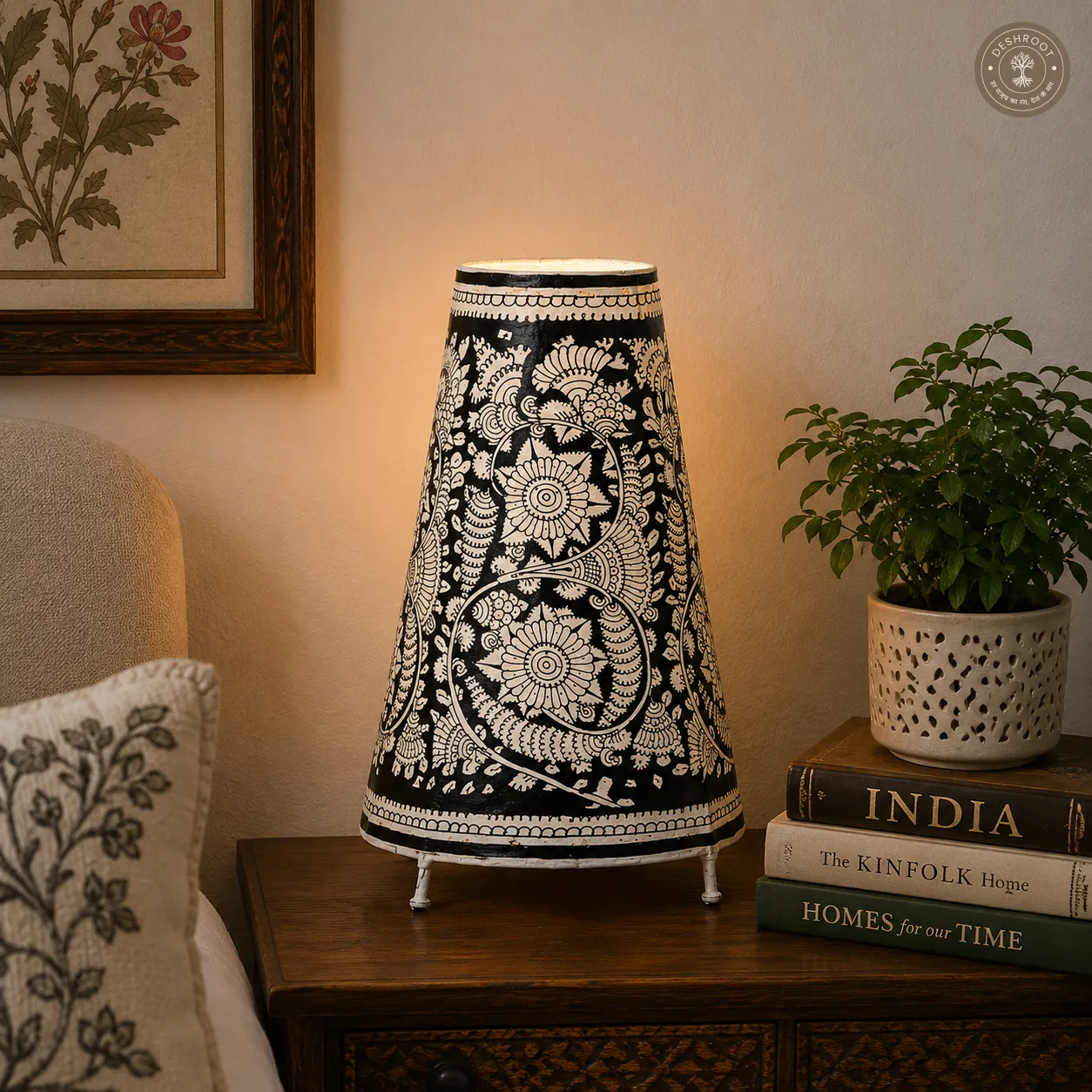 Midnight Floral Kalamkari Goat Leather Table Lamp Shade