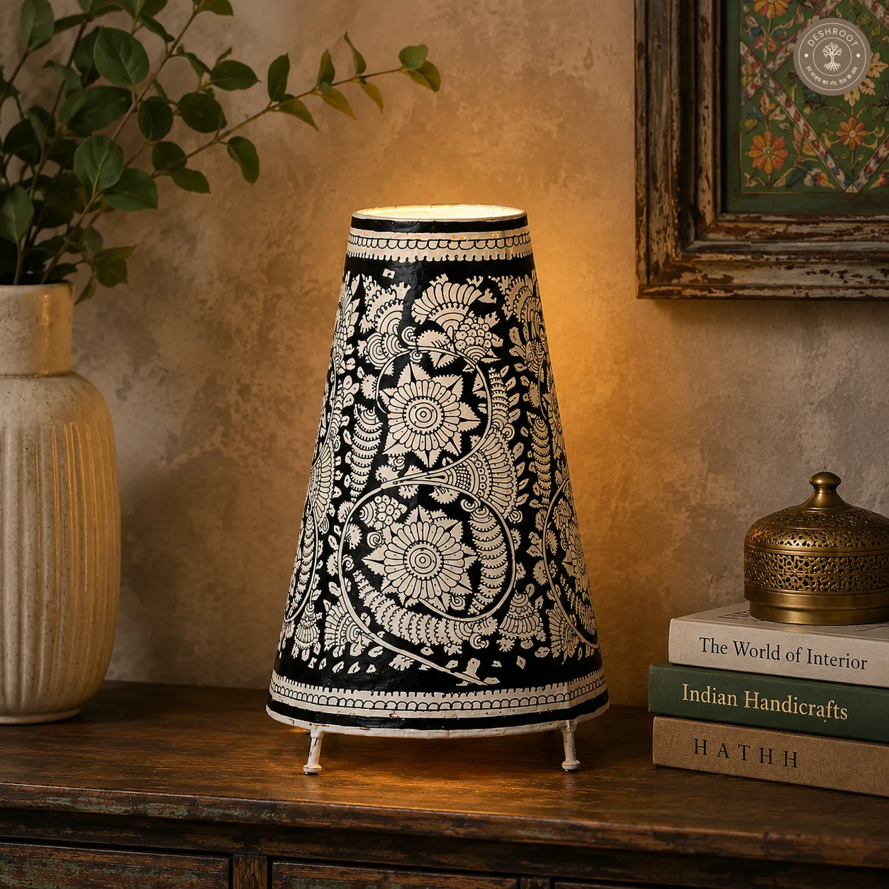 Midnight Floral Kalamkari Goat Leather Table Lamp Shade