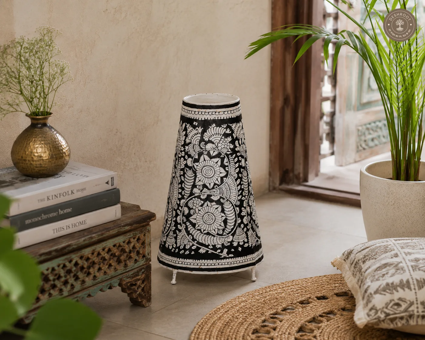 Midnight Floral Kalamkari Goat Leather Table Lamp Shade
