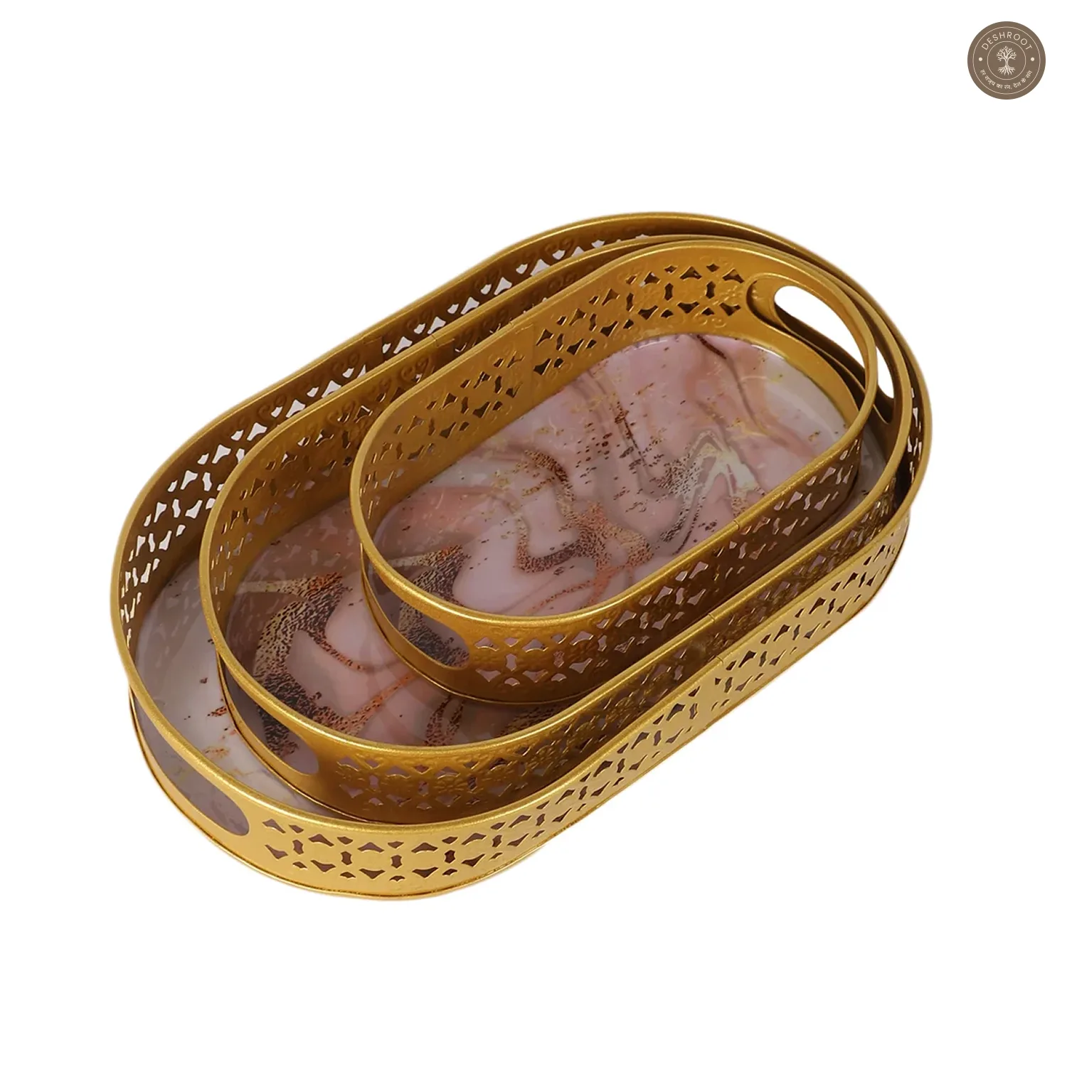 Oval Pink & Gold Wavy Design Meena Tray Set of 3