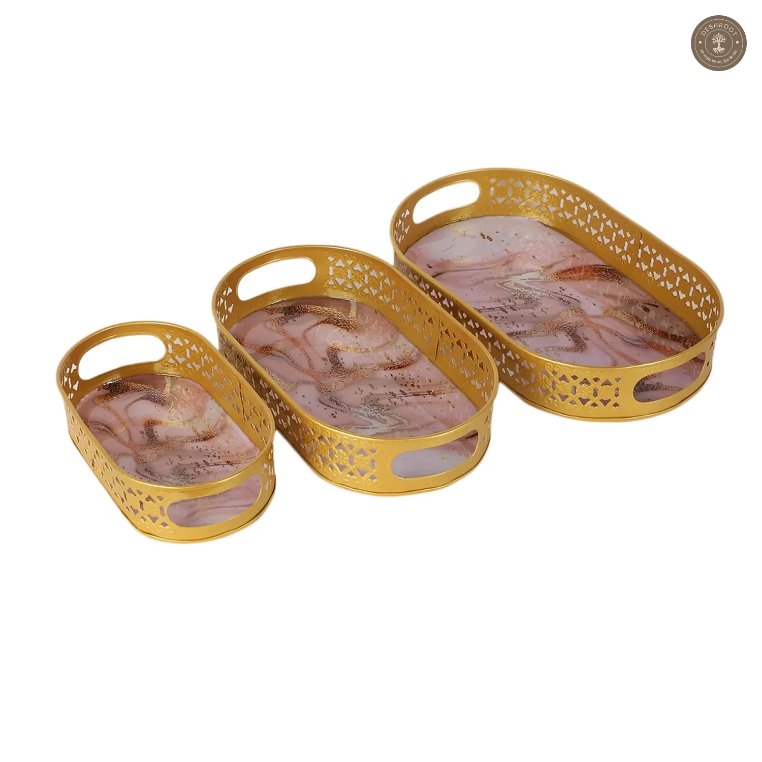 Oval Pink & Gold Wavy Design Meena Tray Set of 3