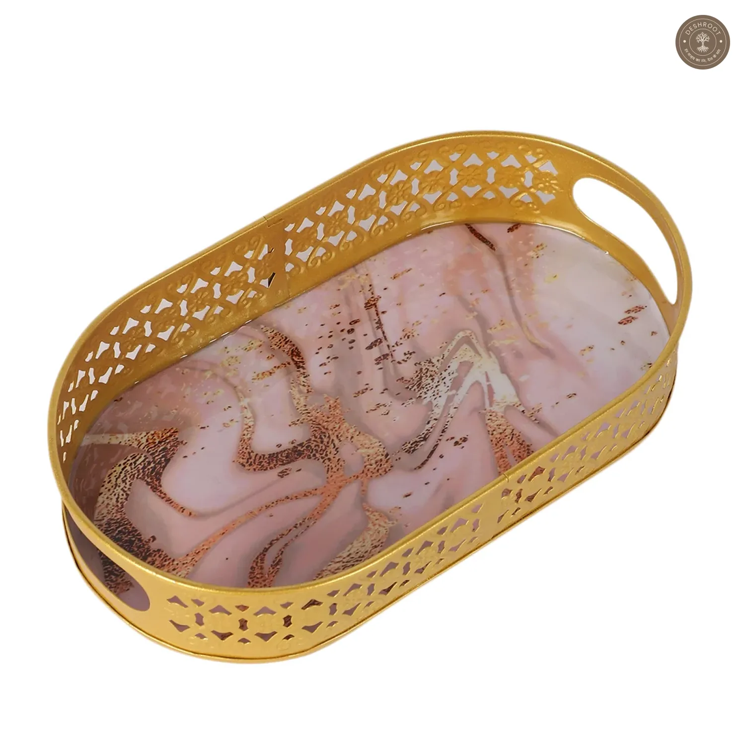 Oval Pink & Gold Wavy Design Meena Tray Set of 3