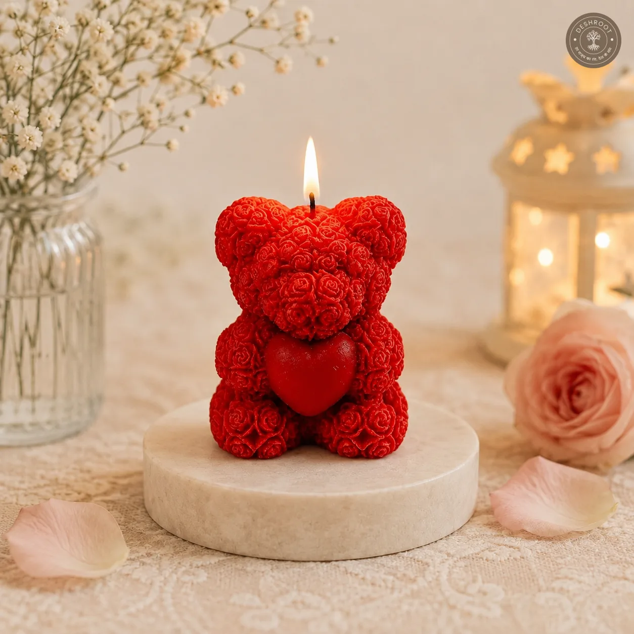 Rose Teddy Bear Heart Candle