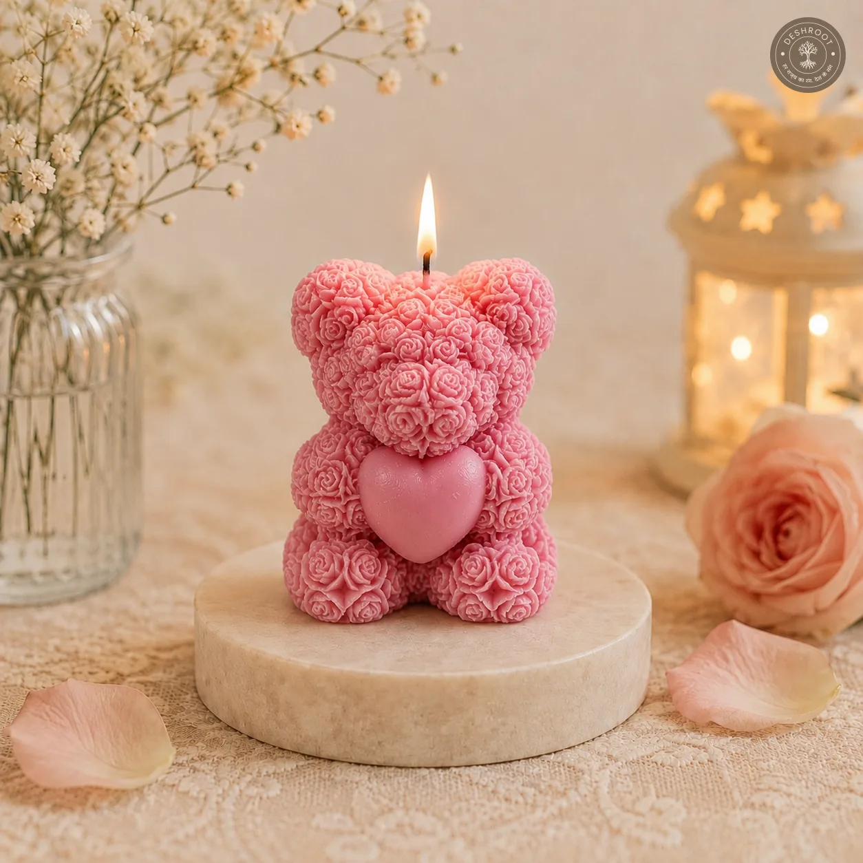 Rose Teddy Bear Heart Candle