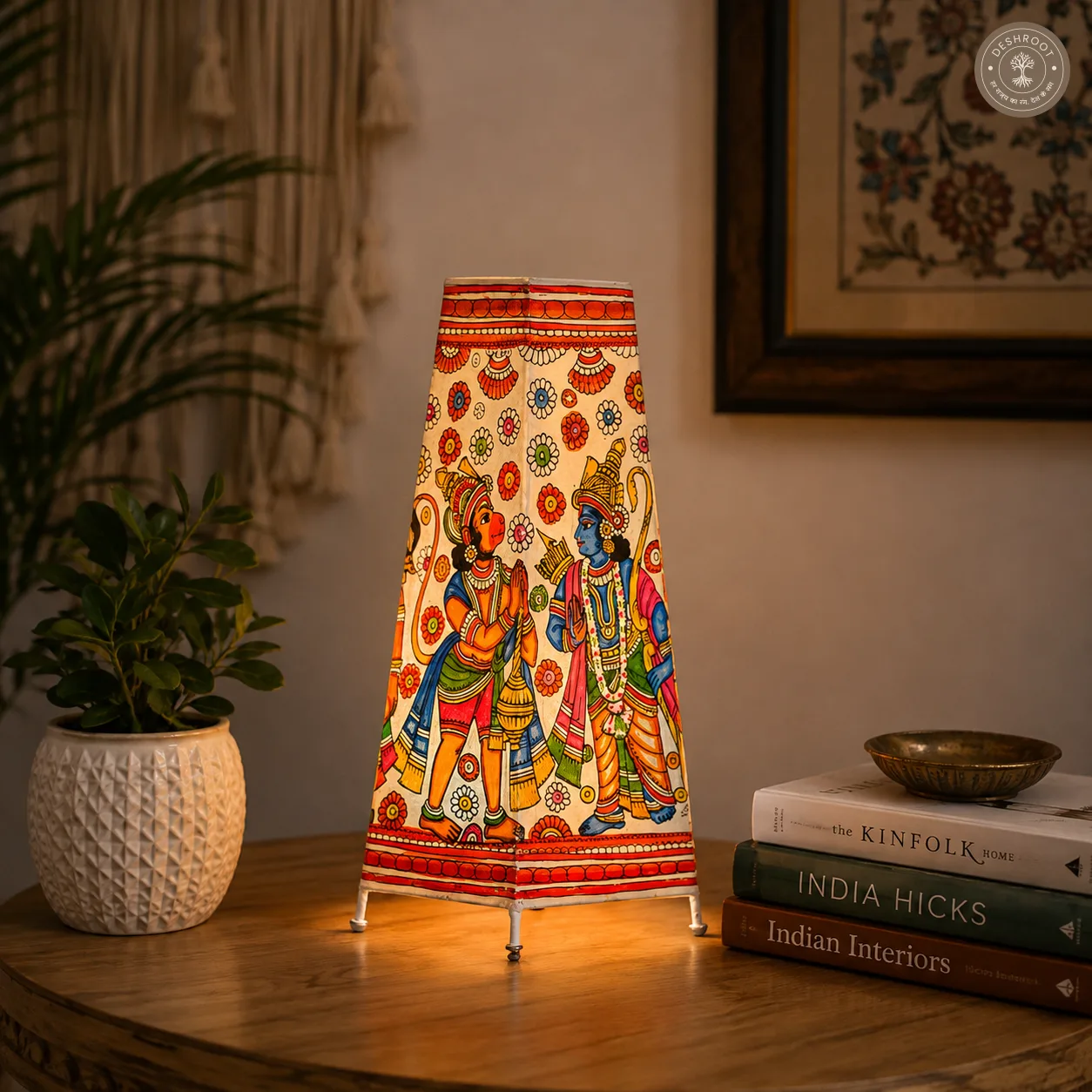 Ram Darbar & Hanuman Kalamkari Artisan Leather Lamp Shade