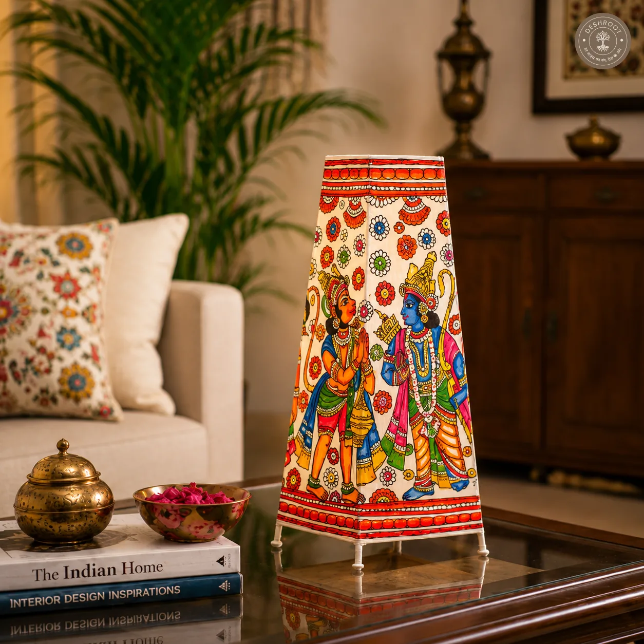 Ram Darbar & Hanuman Kalamkari Artisan Leather Lamp Shade